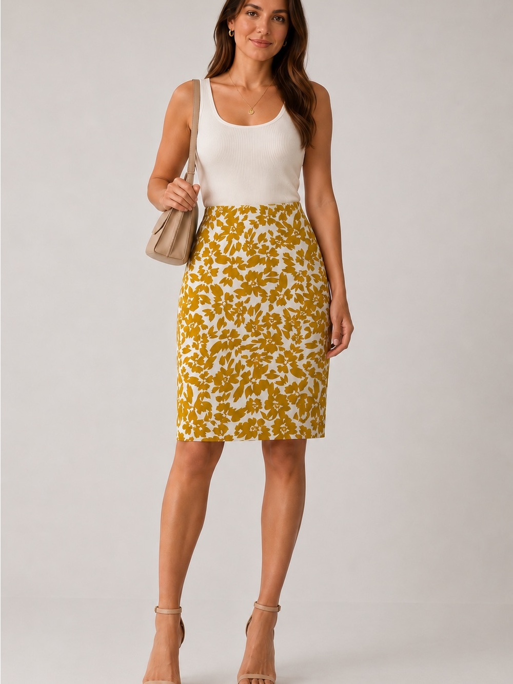 LOFT Mustard Floral Midi Pencil Skirt (L)